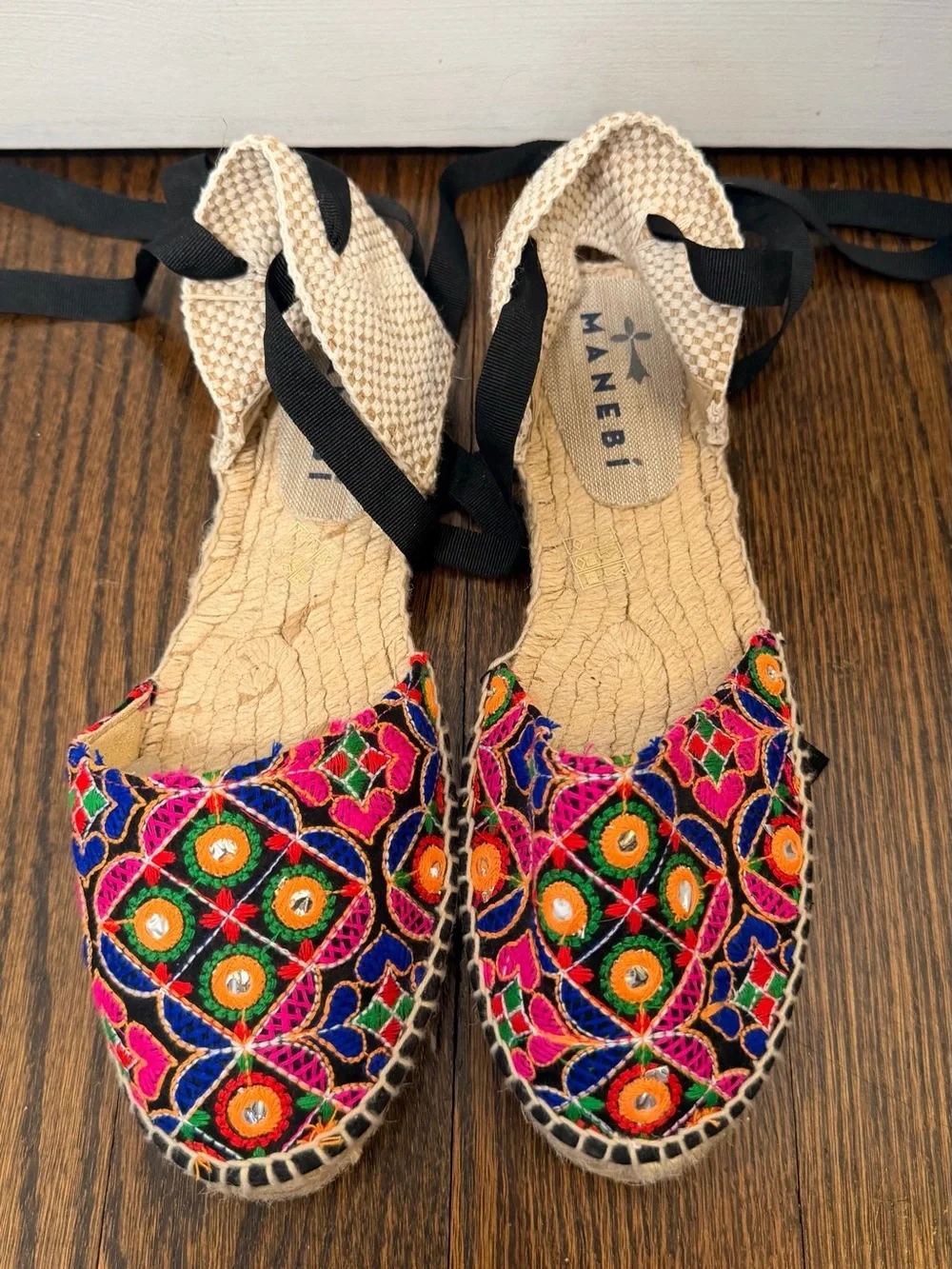 Hand-Embroidered Multicolor Espadrille Flats with Black Ankle Tie